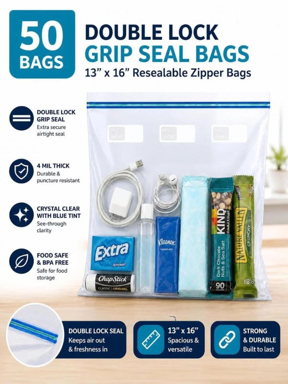 50 Double Lock Grip Seal Bags 13x16 Clear Poly Plastic Resealable Zipper Baggies